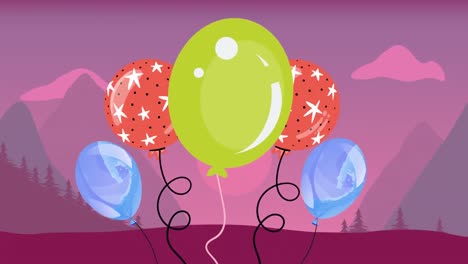 animación de globos coloridos que vuelan sobre un paisaje púrpura