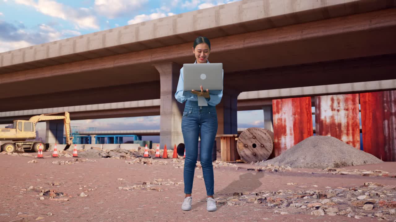 Cuerpo completo de mujer asiática con su portátil en la obra de construcción de una autopista. Observa mirando a su alrededor antes de concentrarse en su portátil.