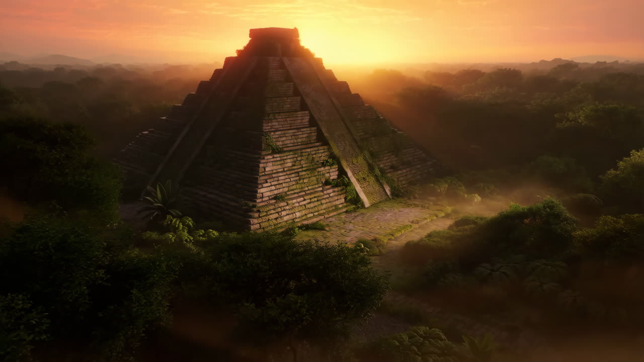 Ancient Pyramid Temple in a Mystical Jungle at Sunrise