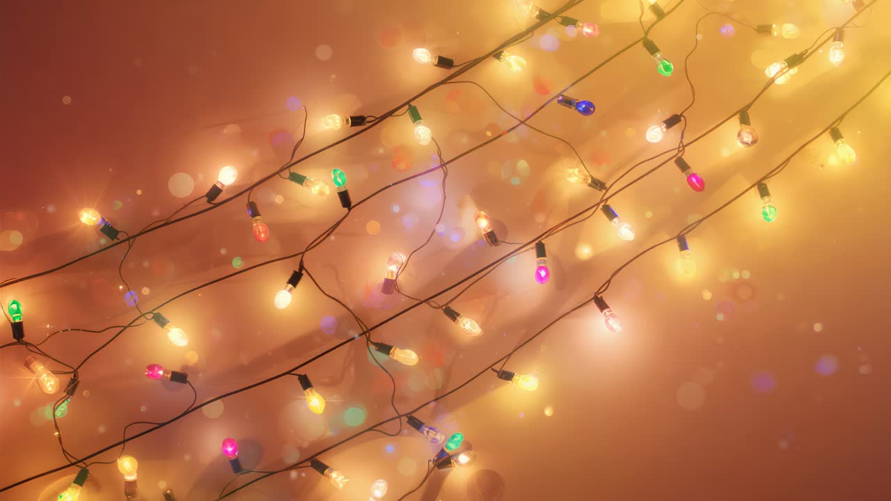 Blinking string lights during focus shifts across amber wall, making warm glow with colored bulbs