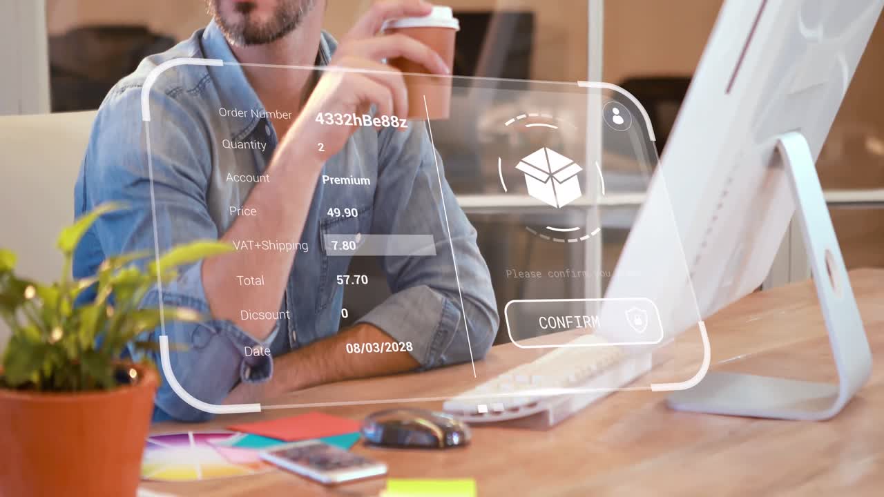 animación de la interfaz digital con procesamiento de datos sobre un hombre de negocios caucásico bebiendo café