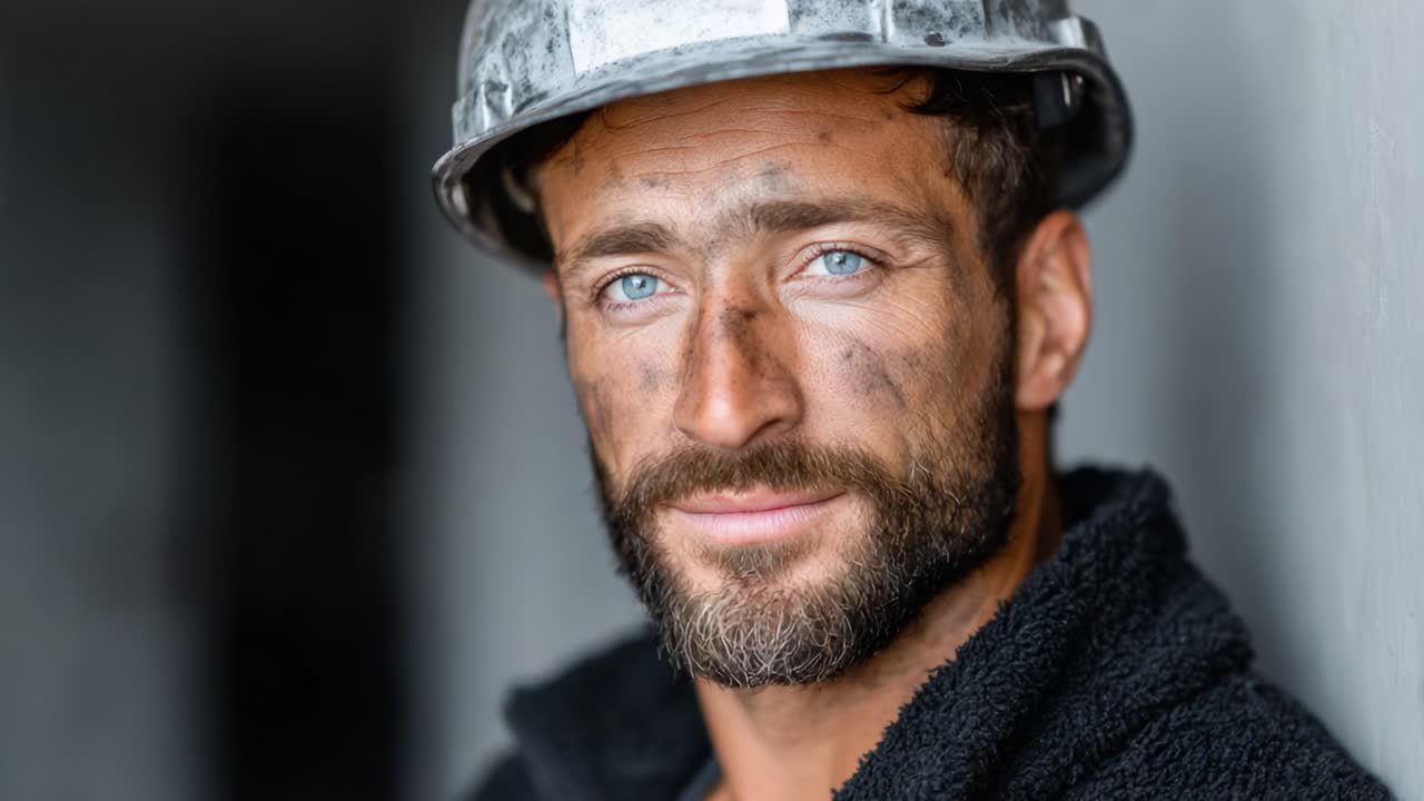 A Portrait of Resilience: A Close-Up of a Hardworking Individual with a Construction Helmet and Streaks of Dirt Reflecting Labor and Dedication