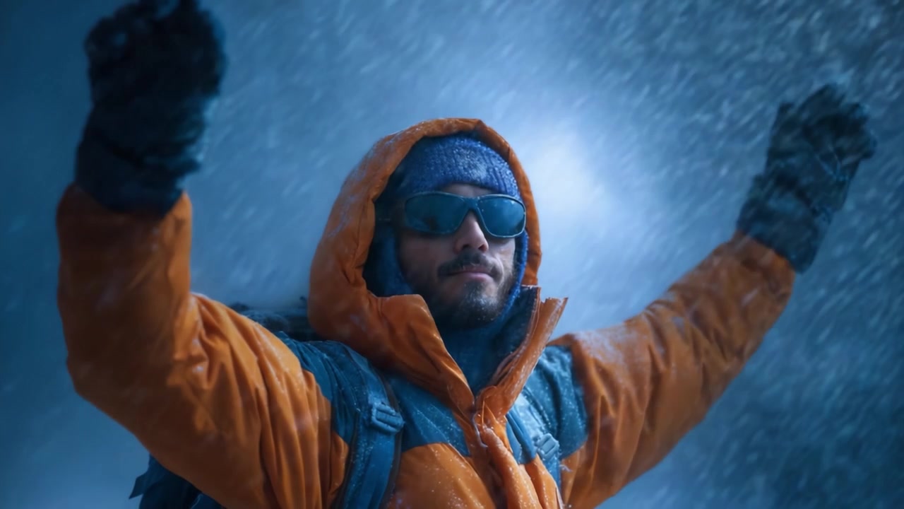 Een vastberaden ontdekkingsreiziger viert triomfantelijk te midden van een hevige sneeuwstorm, gekleed in een oranje jas en zonnebril, wat veerkracht tegen barre omstandigheden belichaamt