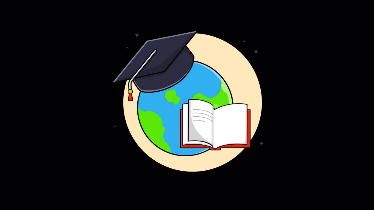 Concepto animado de educación global con un libro y un birrete de graduación.