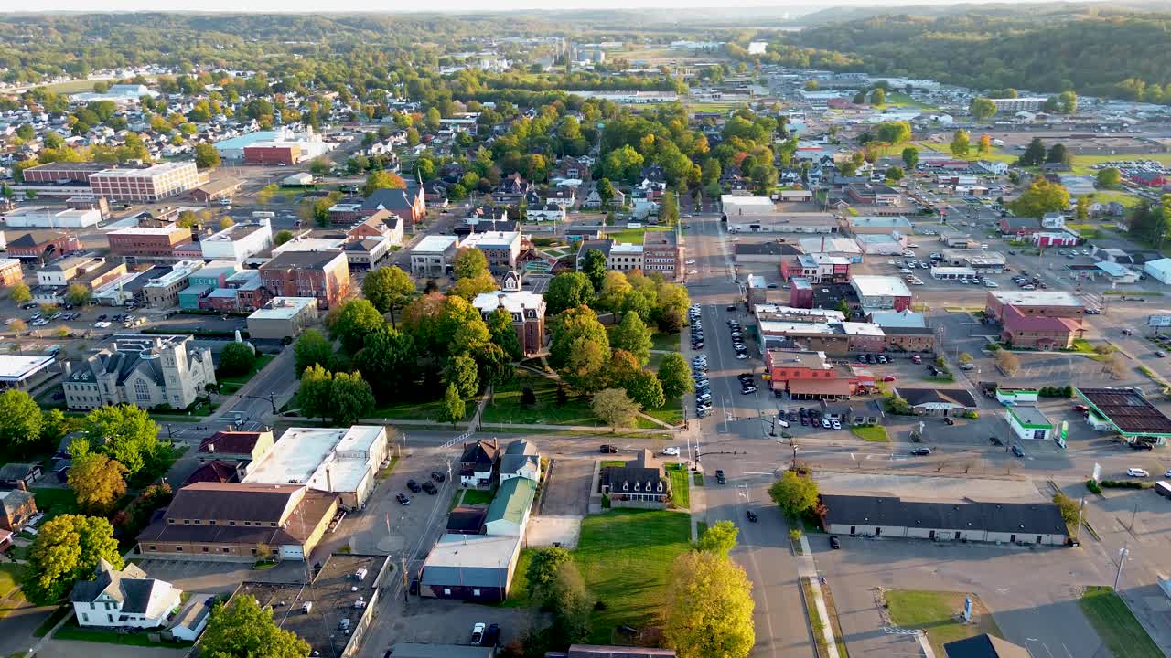 Coshocton Ohio aerial drone footage of small Ohio downtown and surrounding neighborhood