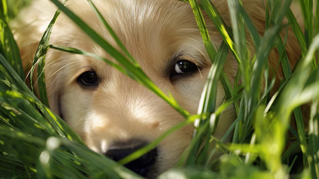 A Cute Golden Puppy Peeking Through Green Grass, Captured in a Moment of Curiosity and Playfulness, Showcasing Its Large Expressive Eyes and Fluffy Fur