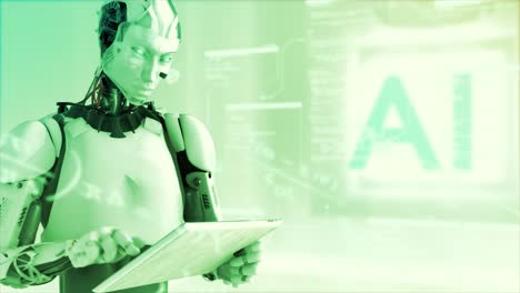 High-quality-rotating-CGI-shot-of-a-humanoid-AI-robot-using-an-iPad-style-tablet-with-mathematical-equations-and-scrolling-data-in-the-air-around-him,-in-cool-green-color-scheme