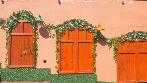 close-up of a building facade with wooden shutters, green ivy, and pink flowers