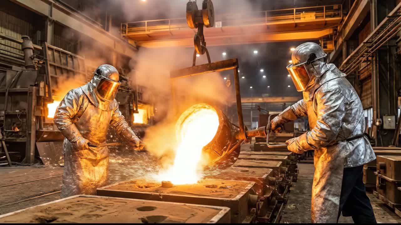 Workers in Protective Gear Pouring Molten Metal in a Foundry