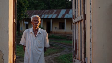elderly teacher standing at the gate of a rural school, bathed in the warm glow of the setting sun, radiating wisdom and tranquility, embodying a lifetime of experience and knowledge