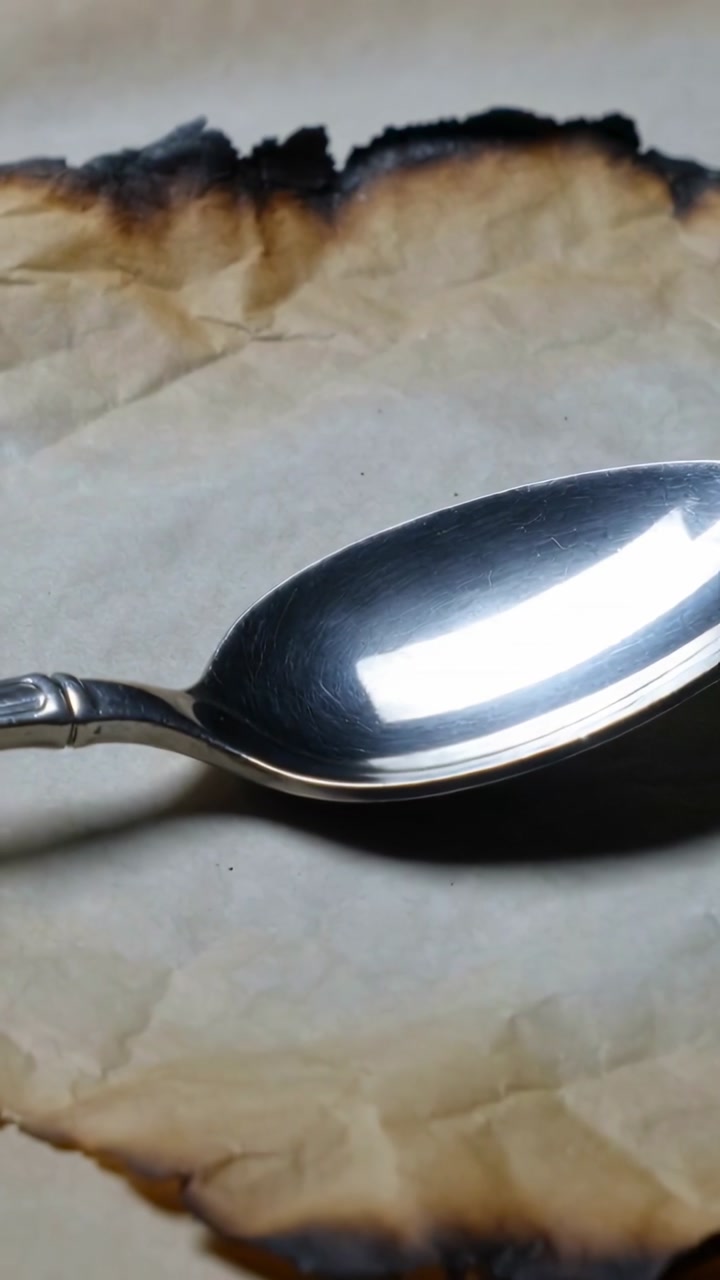 Vertical video: Showing spoon catching light on burnt paper on table, camera shifting for framing