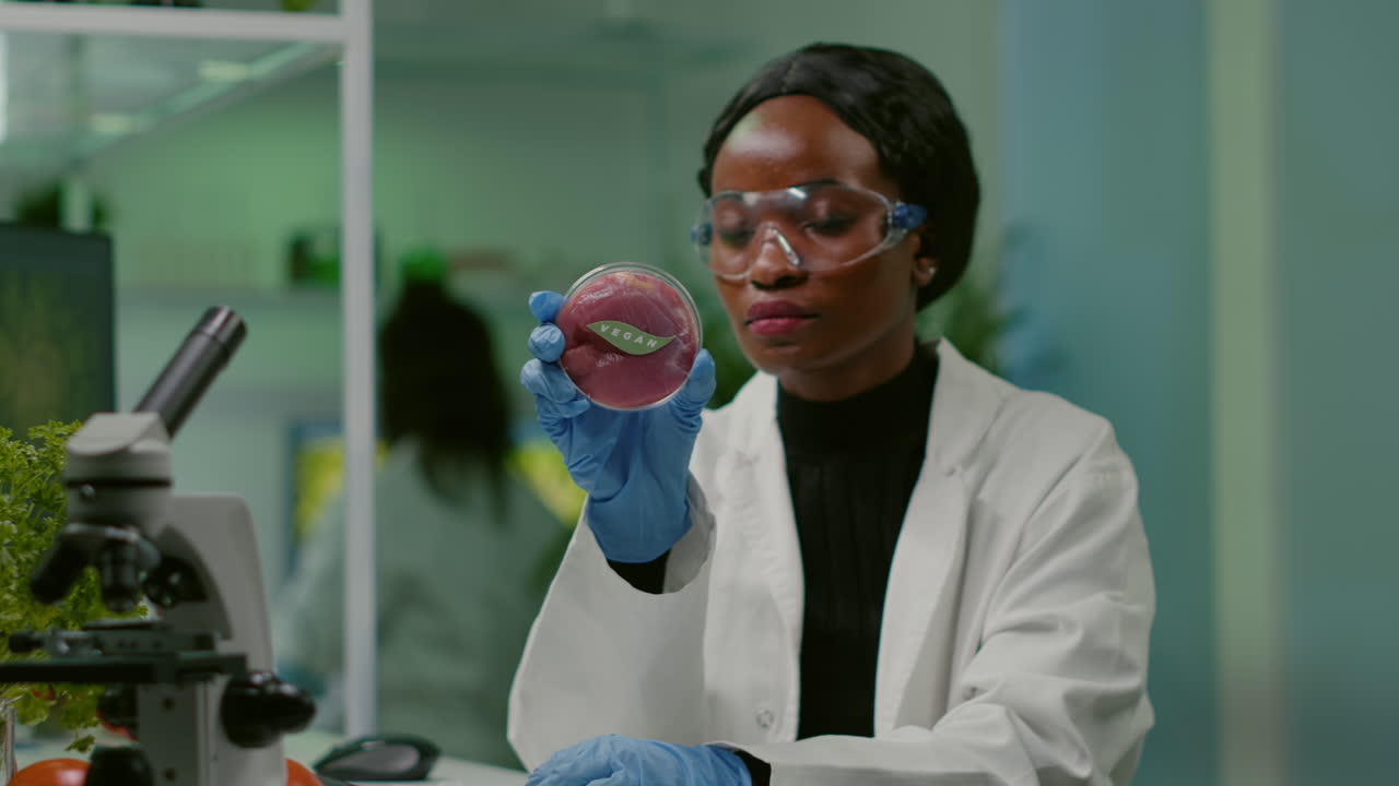 African chemist looking at lab-grown vegan meat sample