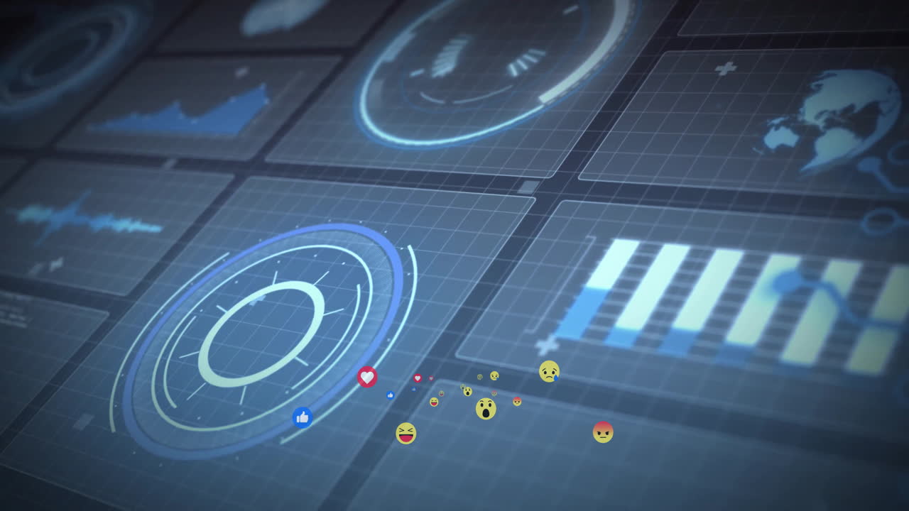 Displaying animated icons, digital dashboard with data charts and graphs in school