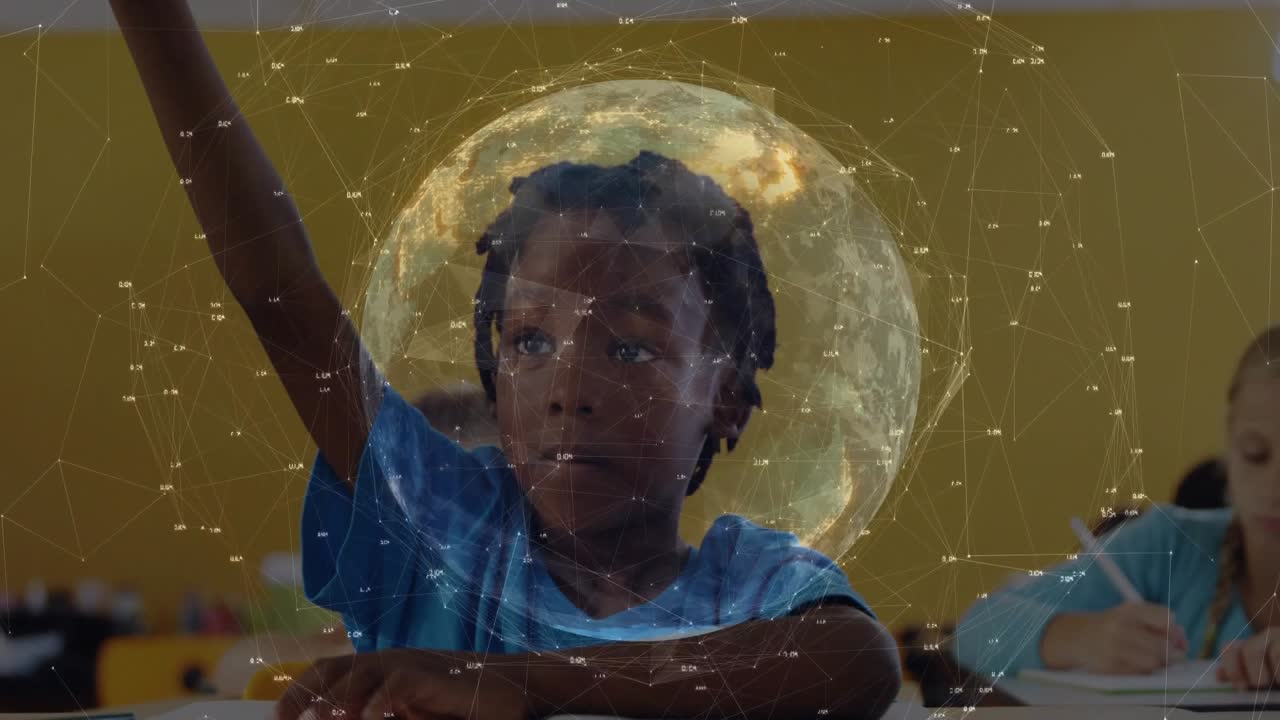 Boy in class noticing animated globe appearing behind him shifting gaze and raising hand to answer