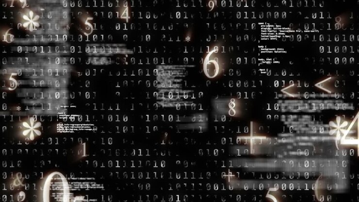 Digital animation of mathematical symbols and numbers against binary coding data processing