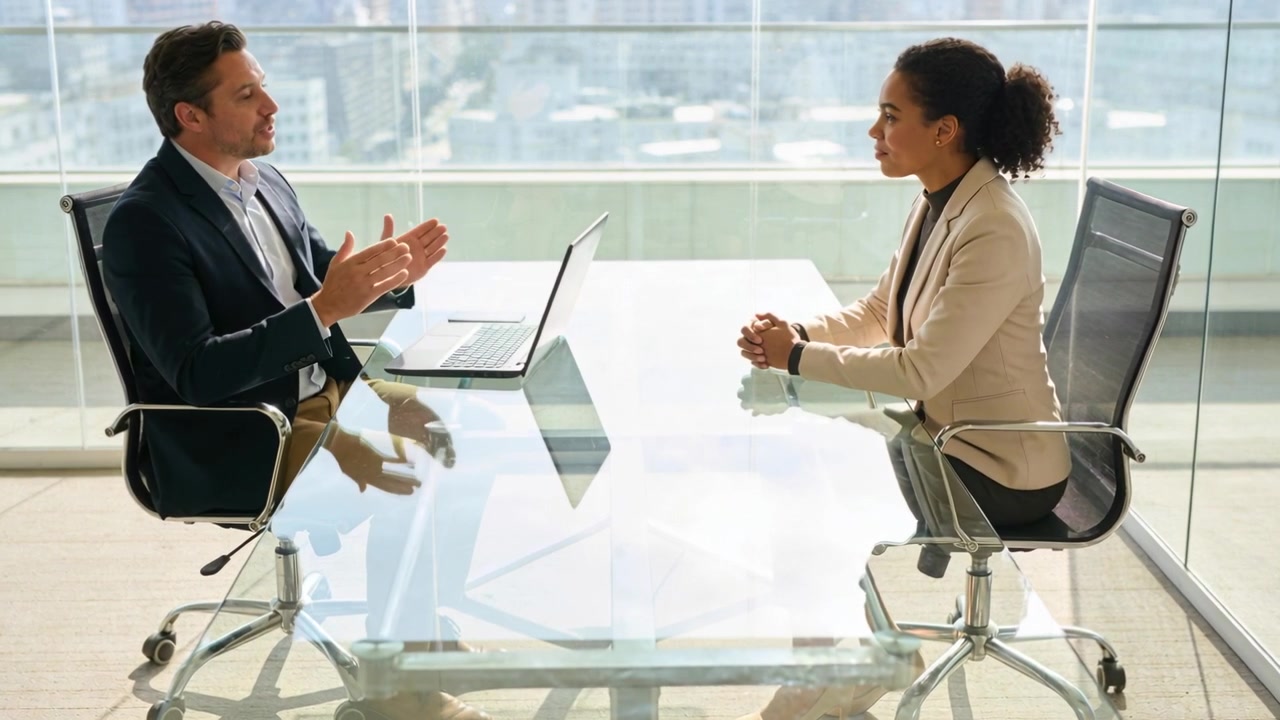 Starting interview man gesturing, woman listening, both in blazers, city office glass table laptop