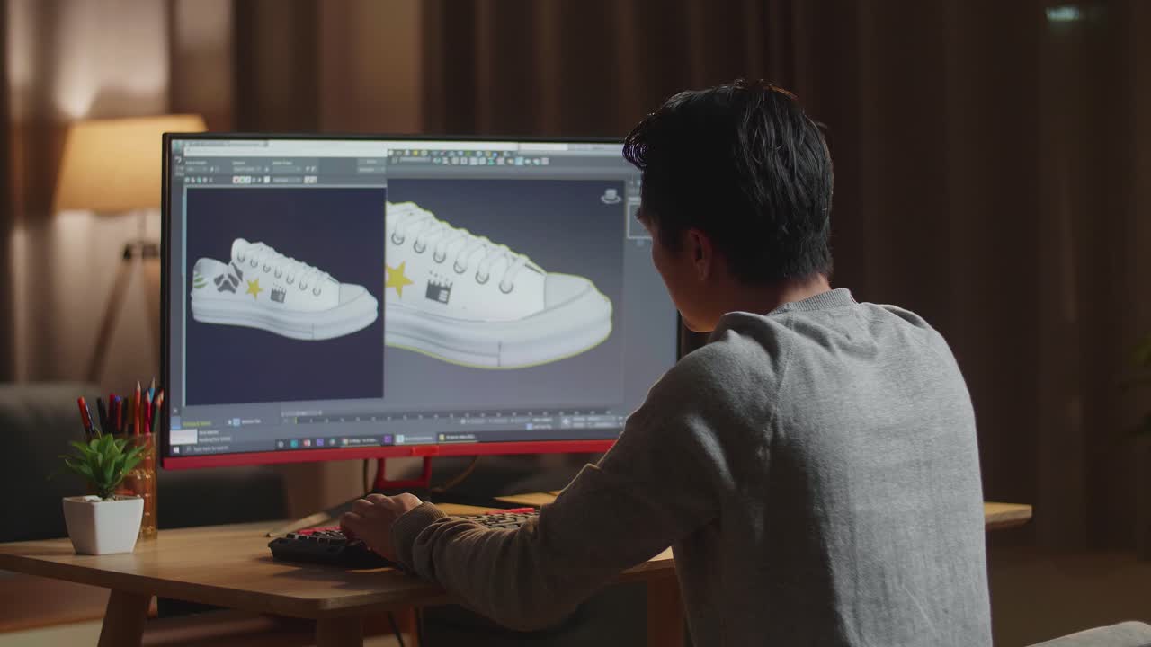 아시아 남성 신발 디자이너는 집에서 데스크에서 작업하는 동안 신발의 3d 모델을 회전합니다. 신발 생산 절차 개념. 사이버 게임 의류 및 신발 라인