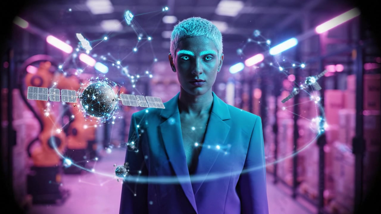 Una Scena Futuristica che Presenta una Donna Audace e Sicura di Sé Circondata da Robotica Avanzata ed Elementi Digitali in un Ambiente di Magazzino ad Alta Tecnologia.