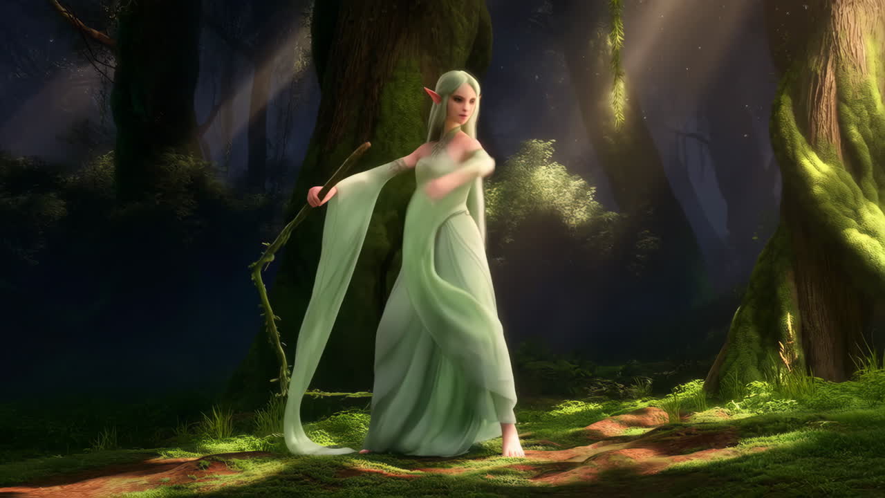 Elven Sorceress Wielding Nature's Magic in an Enchanted Forest