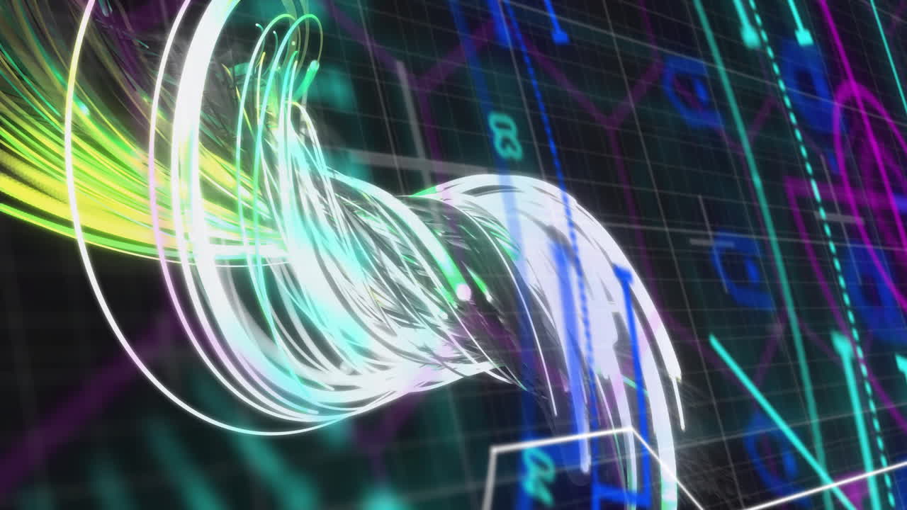 Animation of scope scanning with shapes over light trails on black background