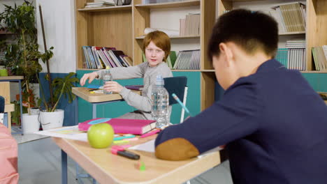 playful ginger boy talking and having fun with his american classmate while sitting at desk in the classroom