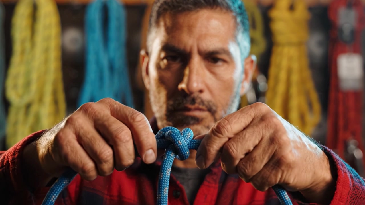 Un individuo concentrato esamina un nodo blu vibrante su uno sfondo di corde colorate, dimostrando abilità e attenzione ai dettagli nel loro mestiere.