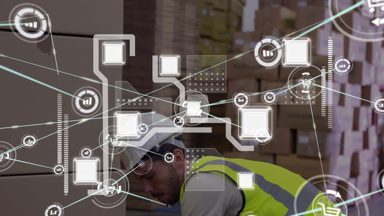 animación de la red de conexiones sobre el hombre que trabaja en el almacén