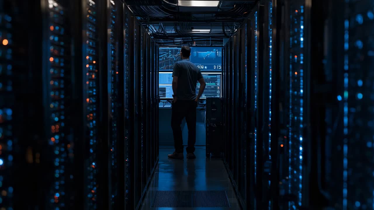 IT-tekniker går ind i serverrumsgangen og analyserer konsolgrafik for at tjekke systemets tilstand