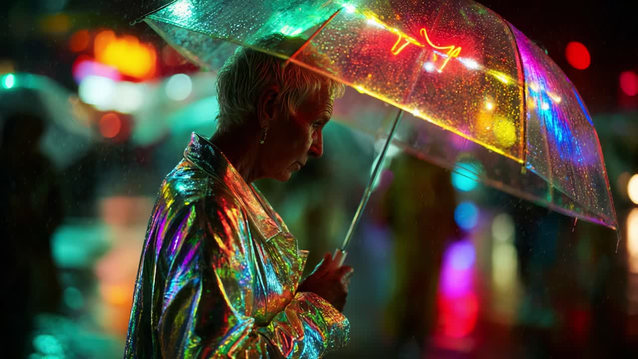 A solitary figure with a colorful illuminated umbrella stands in the rain, reflecting vibrant neon lights from the surroundings, creating a mesmerizing atmosphere of urban night life