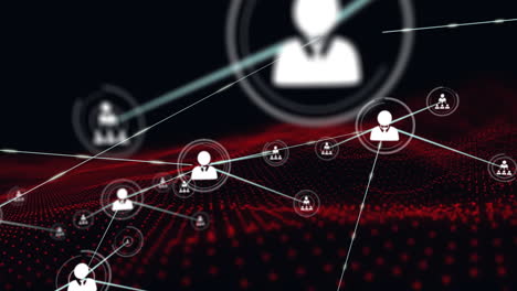 animación de la red de conexiones con iconos digitales sobre malla roja