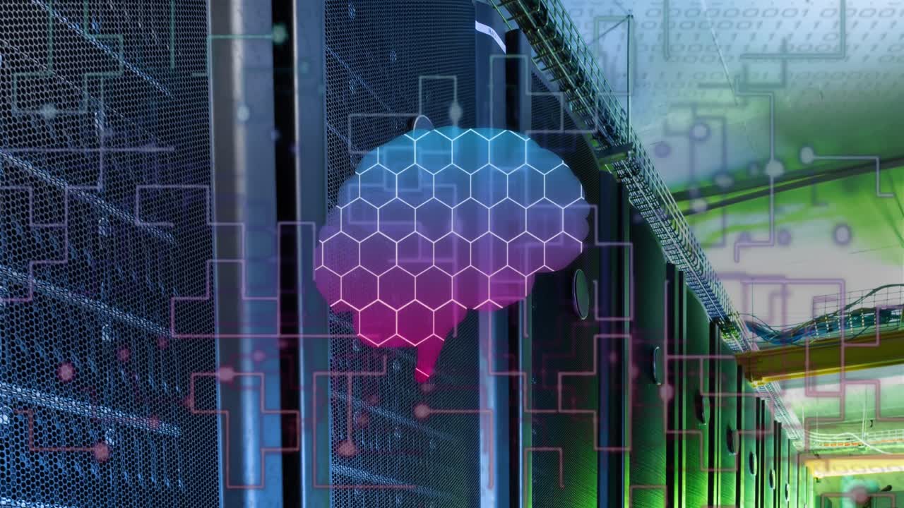 Animation of human brain, connections and data processing over circuit board and servers