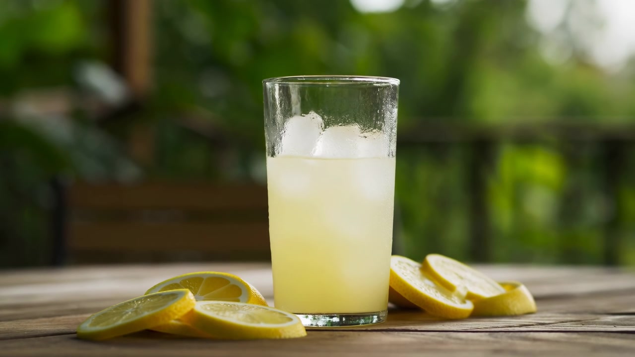 Bicchiere Di Limonata Rinfrescante Con Fette Di Limone, Bevanda Agrumata Ghiacciata Su Tavolo Di Legno Rustico, Condensa