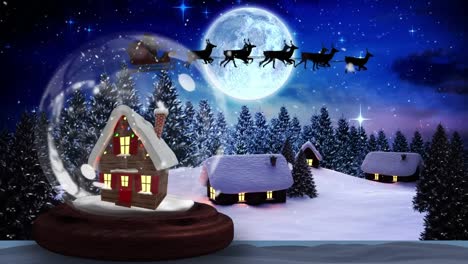 Animation-of-snow-globe-with-house-over-santa-claus-in-sleigh-with-reindeer-and-winter-landscape