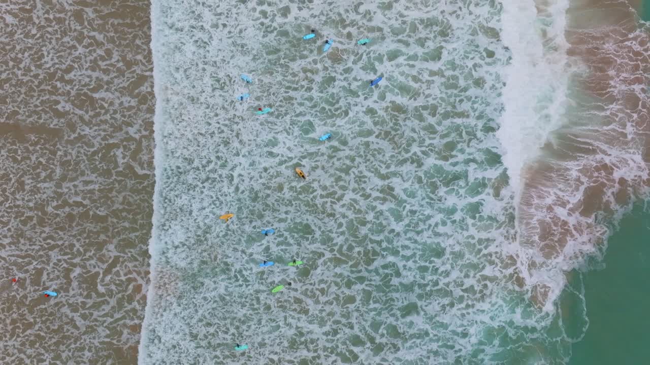 밝은 색의 서프보드 서퍼들이 바다를 가로질러  ⁇ 고 있는 조류의 시야