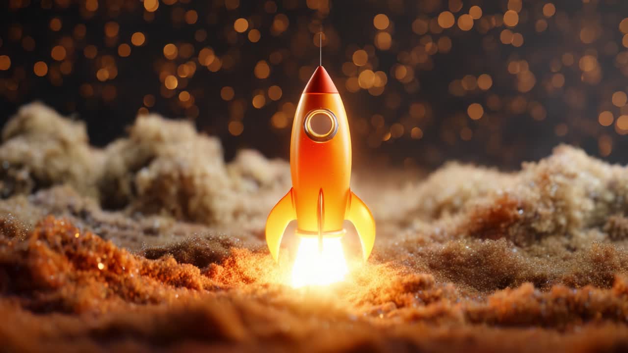 A Vibrant Orange Rocket Ignites with a Brilliant Glow Amidst a Sparkling Background of Golden Dust, Symbolizing Exploration, Adventure, and Innovation in Space Travel