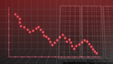 declining graph with red dots over solar panels in animation