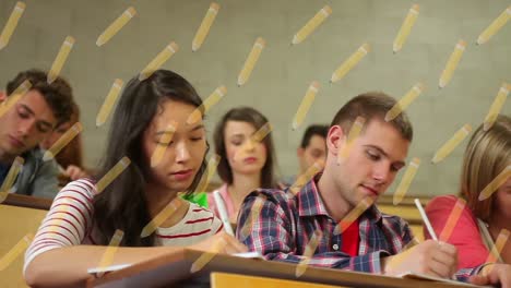 Animation-off-over-falling-pencils-over-diverse-students-in-class-at-school