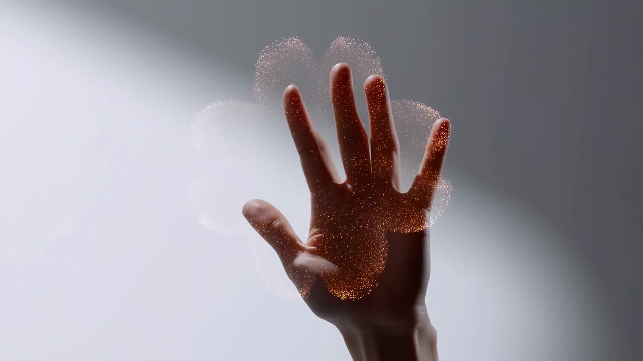 Backlit hand raised against a soft gray background with a bright circular halo of golden particles hovering above the fingers and ample negative space