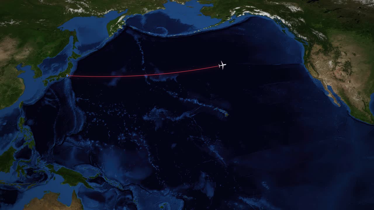 A red line tracks an airplane flying across the Pacific Ocean on a satellite map