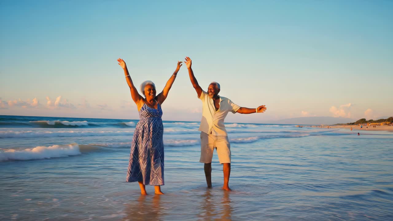 Happy Senior Couple Celebrating on the Beach at Sunset