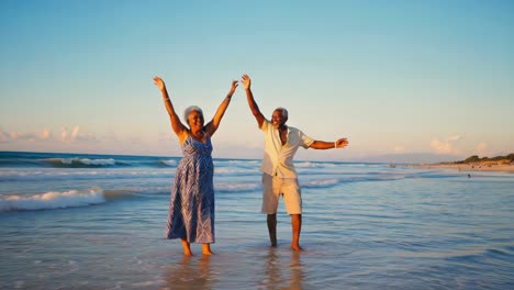 happy senior couple celebrating on the beach at sunset