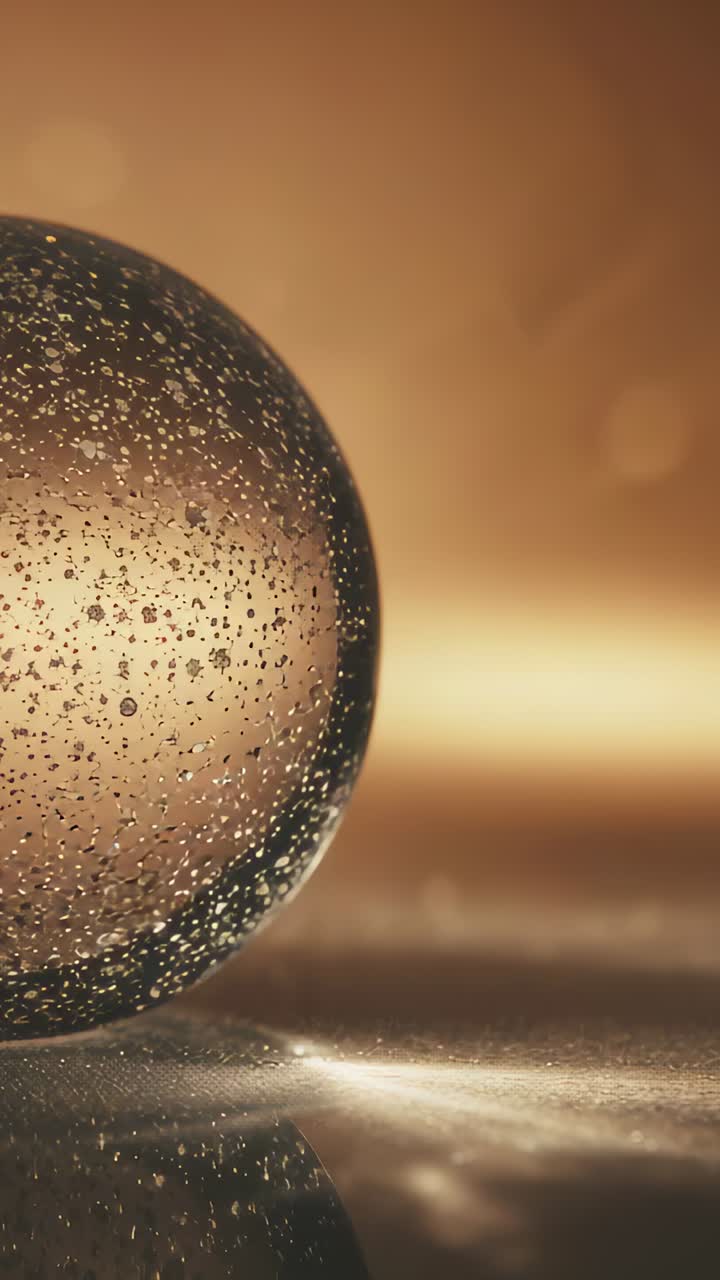 Vertical video: Shifting warm light causing glass orb showing bubbles on shiny tabletop, soft bokeh
