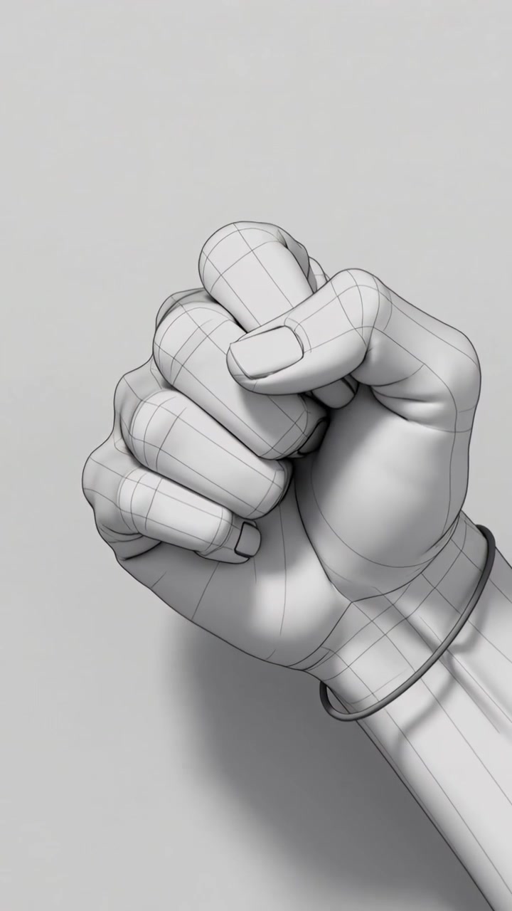 Video verticale: Telecamera che si allontana esponendo un pugno chiuso di una mano destra in 3D, mostrando un loop wireframe