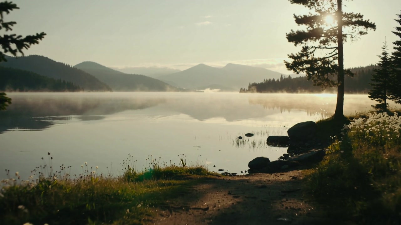 Showing calm mountain lake reflecting mountains at dawn, sun rising warming path, pine, rocks, mist