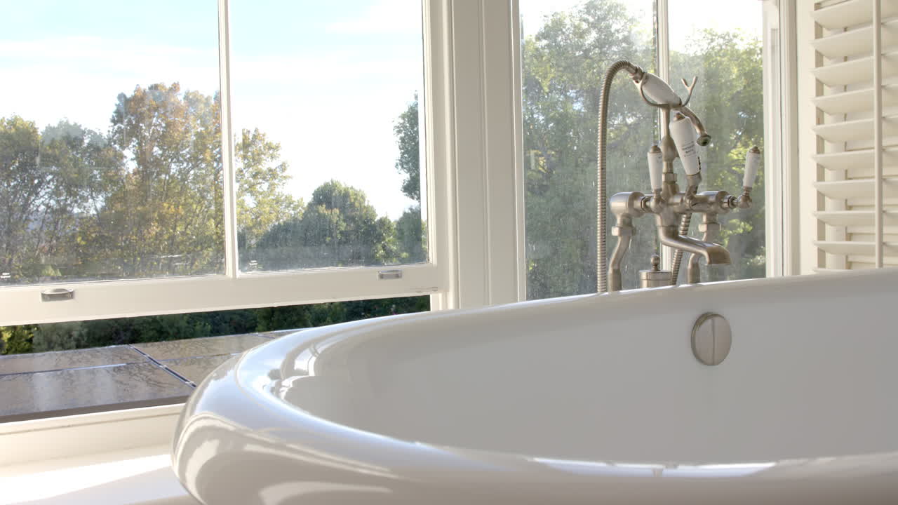 Sunlight streaming through windows, lighting up bright bathroom, copy space