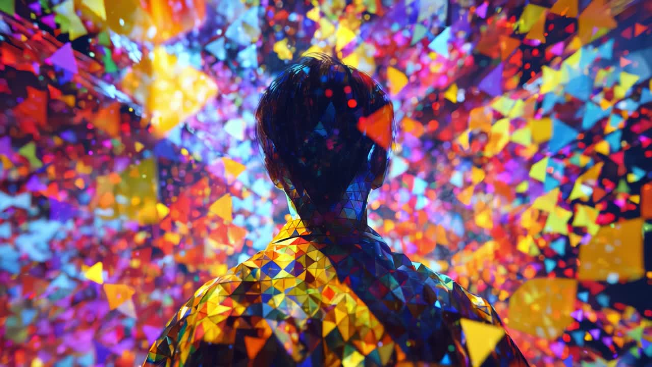 A mesmerizing visual explosion of colors and geometric shapes captures an individual's silhouette, creating an immersive experience that blends creativity with abstract art