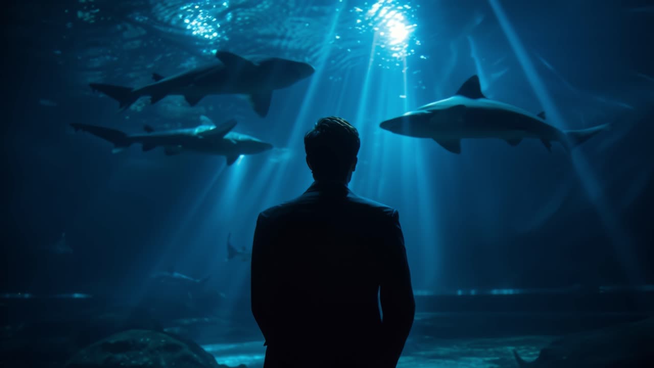 Man observing sharks in a dimly lit aquarium