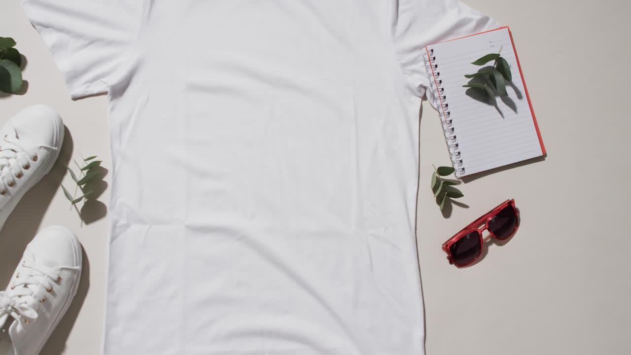 Video of flat lay of white t shirt, sneakers, sunglasses and copy space on white background