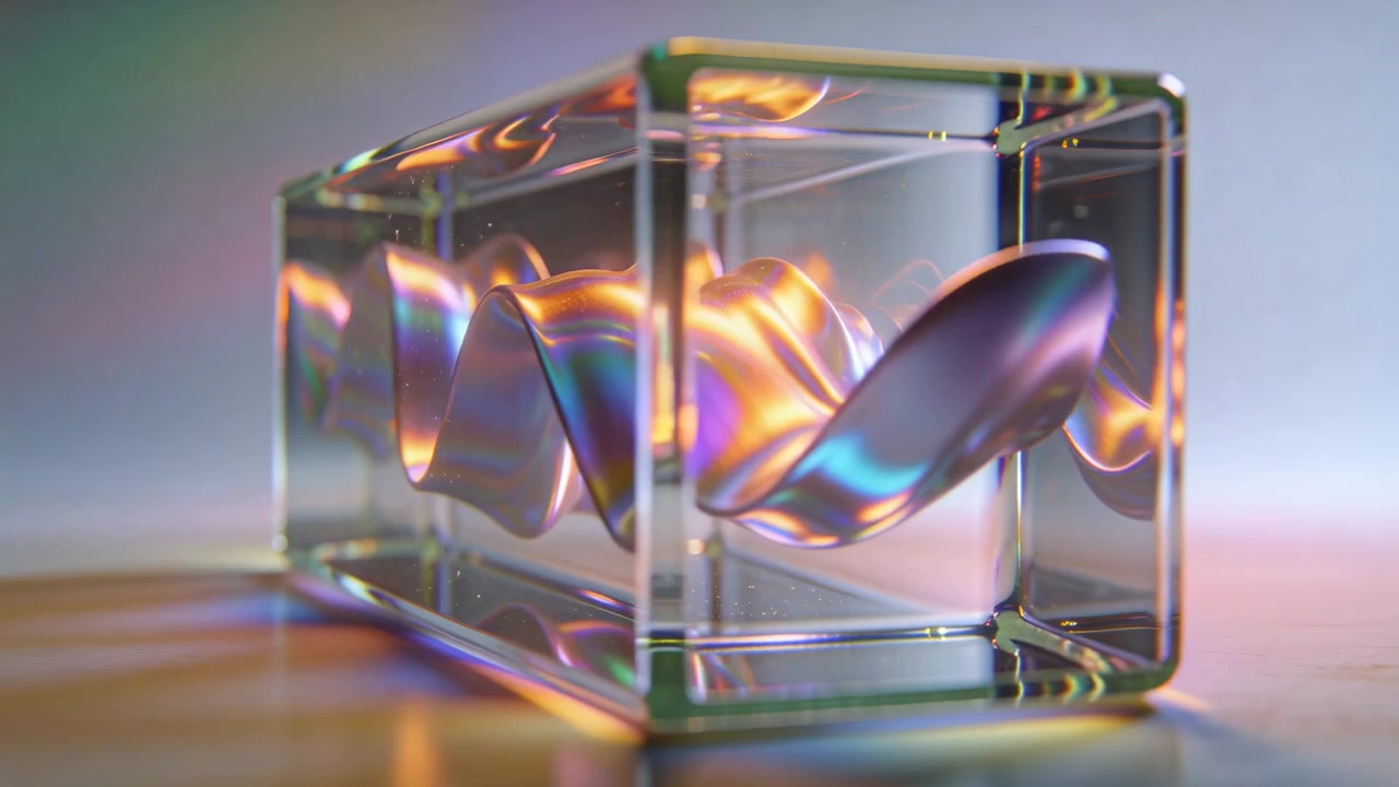 Câmera giratória revelando prisma transparente com fita iridescente sobre uma mesa de estúdio mostrando faixas de cores