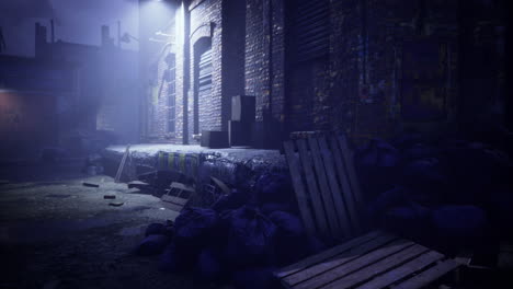 urban alleyway with graffiti and scattered debris at night